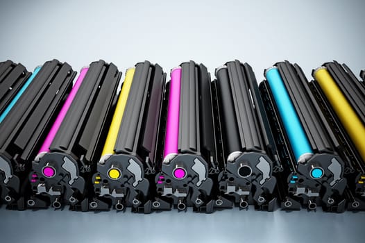 Stack of laser printer CMYK toners. 3D illustration.