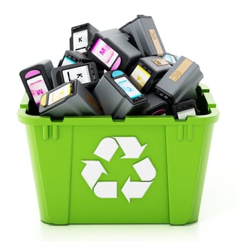 Used inkjet printer cartridges inside green recycle box. 3D illustration.