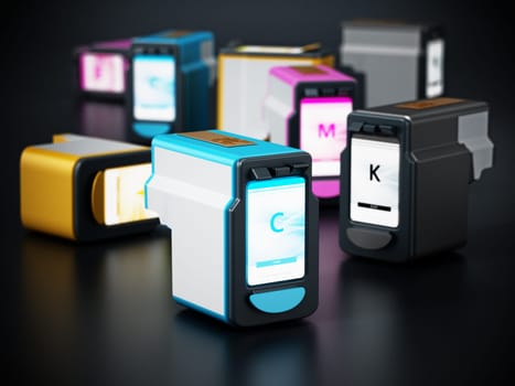 Generic inkjet printer CMYK cartridges. 3D illustration.