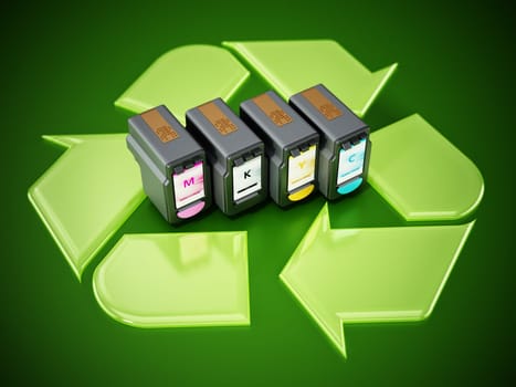Used inkjet printer cartridges on recycle symbol. 3D illustration.