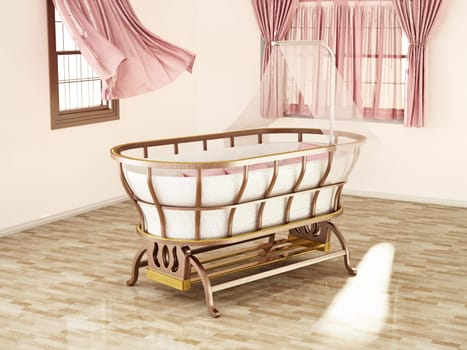 Classic style baby crib standing at the center of the room. 3D illustration.