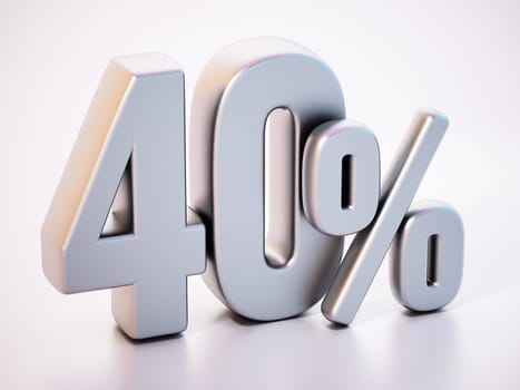 40 percent word standing on white surface with soft reflection. 3D illustration.