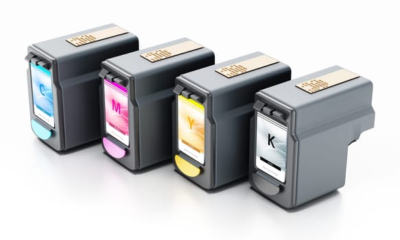 Generic inkjet printer CMYK cartridges isolated on white background. 3D illustration.