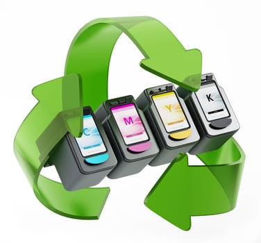 Recycling arrows around generic inkjet printer CMYK cartridges. 3D illustration.