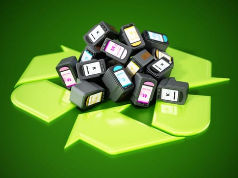 Used inkjet printer cartridges on recycle symbol. 3D illustration.