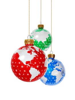 Christmas baubles with earth map isolated on white background. 3D rendering.