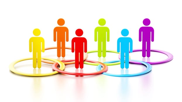 3D stick figures inside multi-colored circles. 3D illustration.
