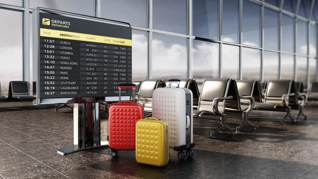 Airport boarding sign, and luggages inside airport waiting room. 3D illustration.