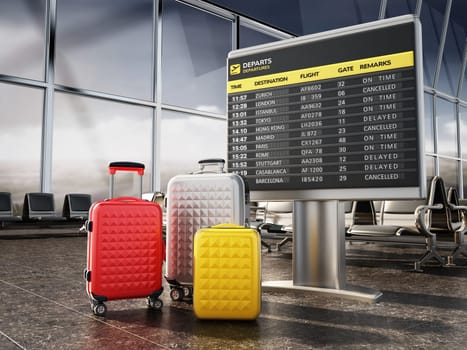 Airport boarding sign, and luggages inside airport waiting room. 3D illustration.