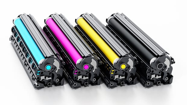 Stack of laser printer CMYK toners. 3D illustration.