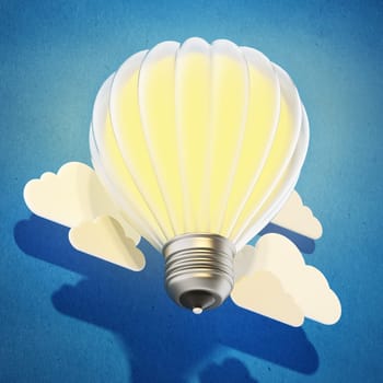 Lightbulb balloon flying among the clouds. 3D illustration.