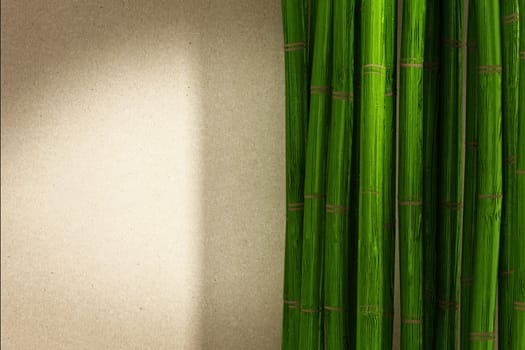 Green bamboo sticks on paper texture background. 3D illustration.