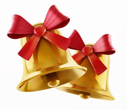 Gold bells with red ribbon isolated on white background. 3D illustration.