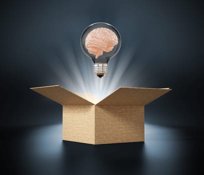 Brain in lightbulb coming out of the box. 3D illustration.