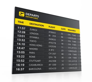 Airport boarding sign isolated on white background. 3D illustration.