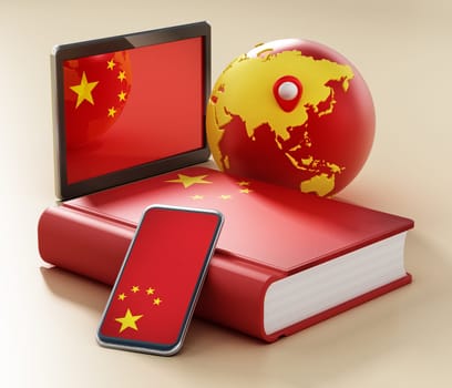 Dictionary, smartphone and tablet pc with China flag along the globe. 3D illustration.