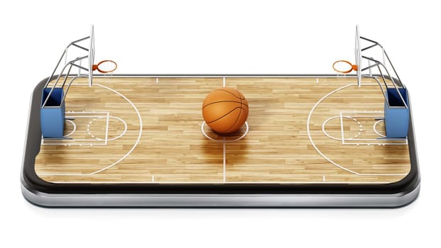 Basketball court on smartphone screen. 3D rendering.