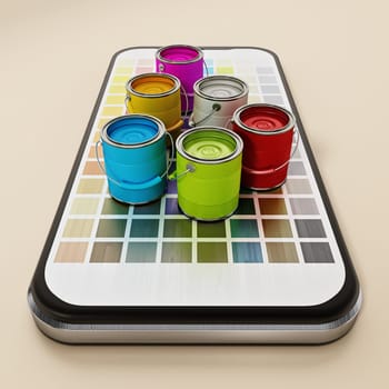 Paint cans and cartelas on smartphone. 3D illustration.