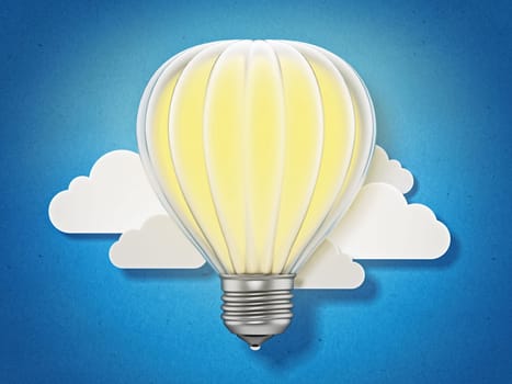 Lightbulb balloon flying among the clouds. 3D illustration.