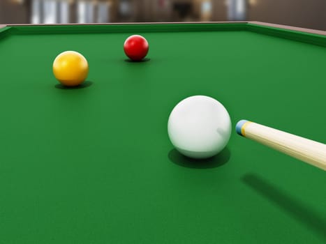 Billiards table, balls and cue. 3D illustration.