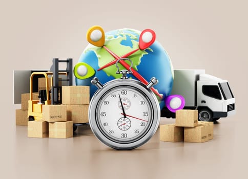 Global transportation concept with cargo boxes, chronometer,truck and globe. 3D illustration.