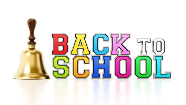 Back to school text and school bell isolated on white background. 3D illustration.