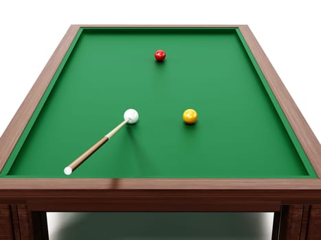 Billiards table, balls and cue. 3D illustration.