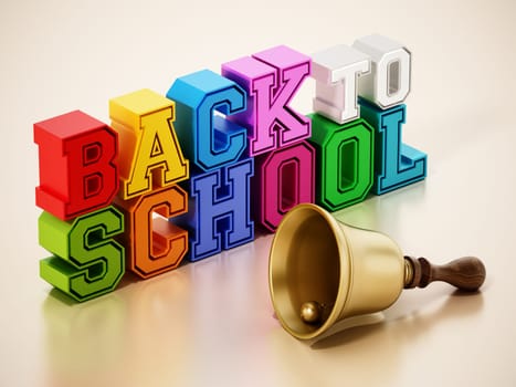 Back to school text and school bell on reflective surface. 3D illustration.