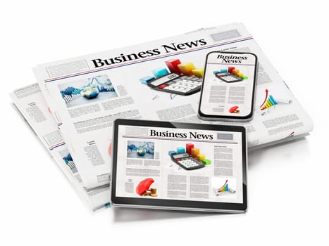 Business newspaper, smartphone and tablet PC isolated on white background. 3D illustration.