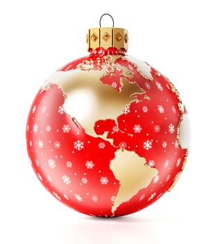 Christmas bauble with earth map isolated on white background. 3D rendering.