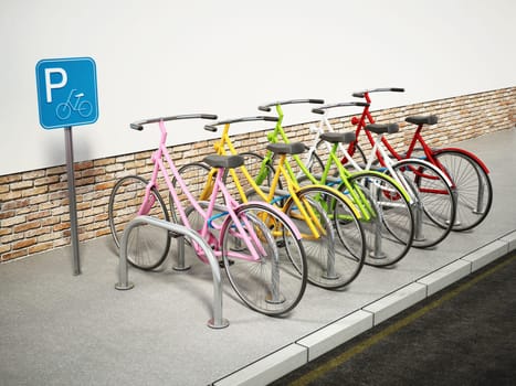 Colorful bicycles in bicycle parking area. 3D illustration.
