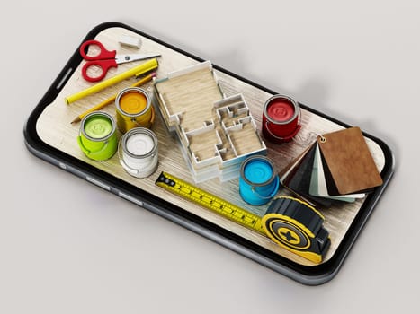 Paint cans, cartelas, tape measure and other tools on smartphone. 3D illustration.