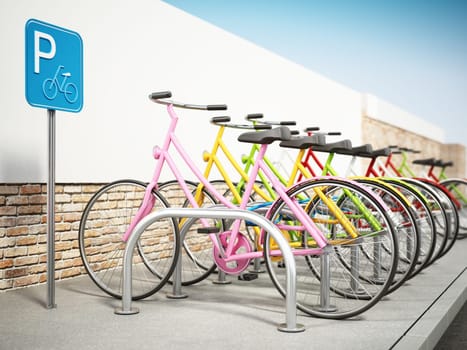 Colorful bicycles in bicycle parking area. 3D illustration.