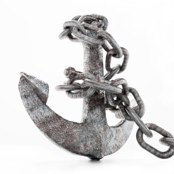 Rusty metal anchor and chain isolated on white background. 3D illustration.