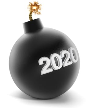 2020 text on bomb with lit fuse. 3D illustration.