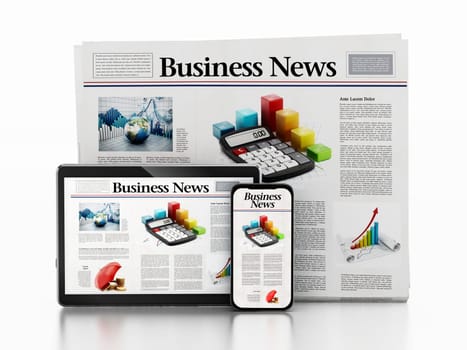 Business newspaper, smartphone and tablet PC isolated on white background. 3D illustration.