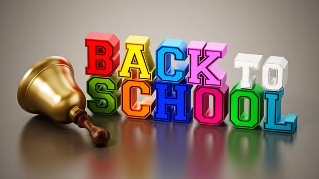 Back to school text and school bell on reflective surface. 3D illustration.