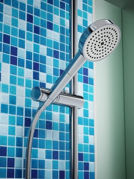 Shower head and fitting on the wall. 3D illustration.
