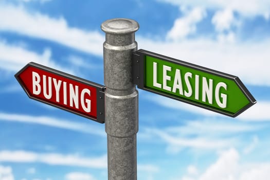 Signpost with buying and leasing arrows against the blue sky. 3D illustration.