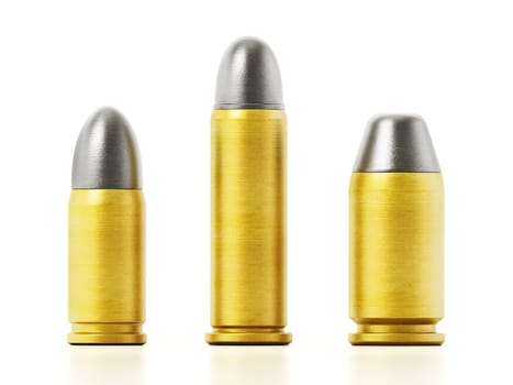 Various pistol bullets isolated on white background. 3D illustration.