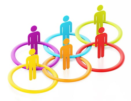3D stick figures inside multi-colored circles. 3D illustration.