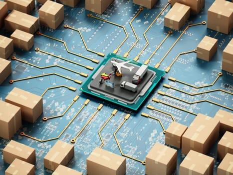 Large group of cardboard boxes connected to microchip. 3D illustration.