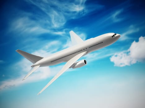 Airplane in the cloudy sky. 3D illustration.