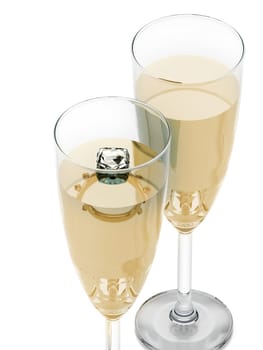 Champagne glasses and wedding rings isolated on white background. 3D illustration.
