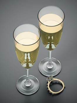 Champagne glasses and wedding rings isolated on white background. 3D illustration.