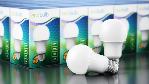 LED lightbulbs and generic package design on black background. 3D illustration.