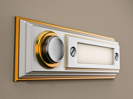 Rectangle vintage doorbell button on the wall. 3D illustration.