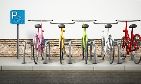 Colorful bicycles in bicycle parking area. 3D illustration.