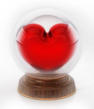 Snowglobe with red heart on white surface. 3D illustration.