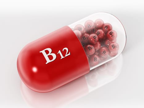 Vitamin B12 pill with small spheres isolated on white background. 3D illustration.